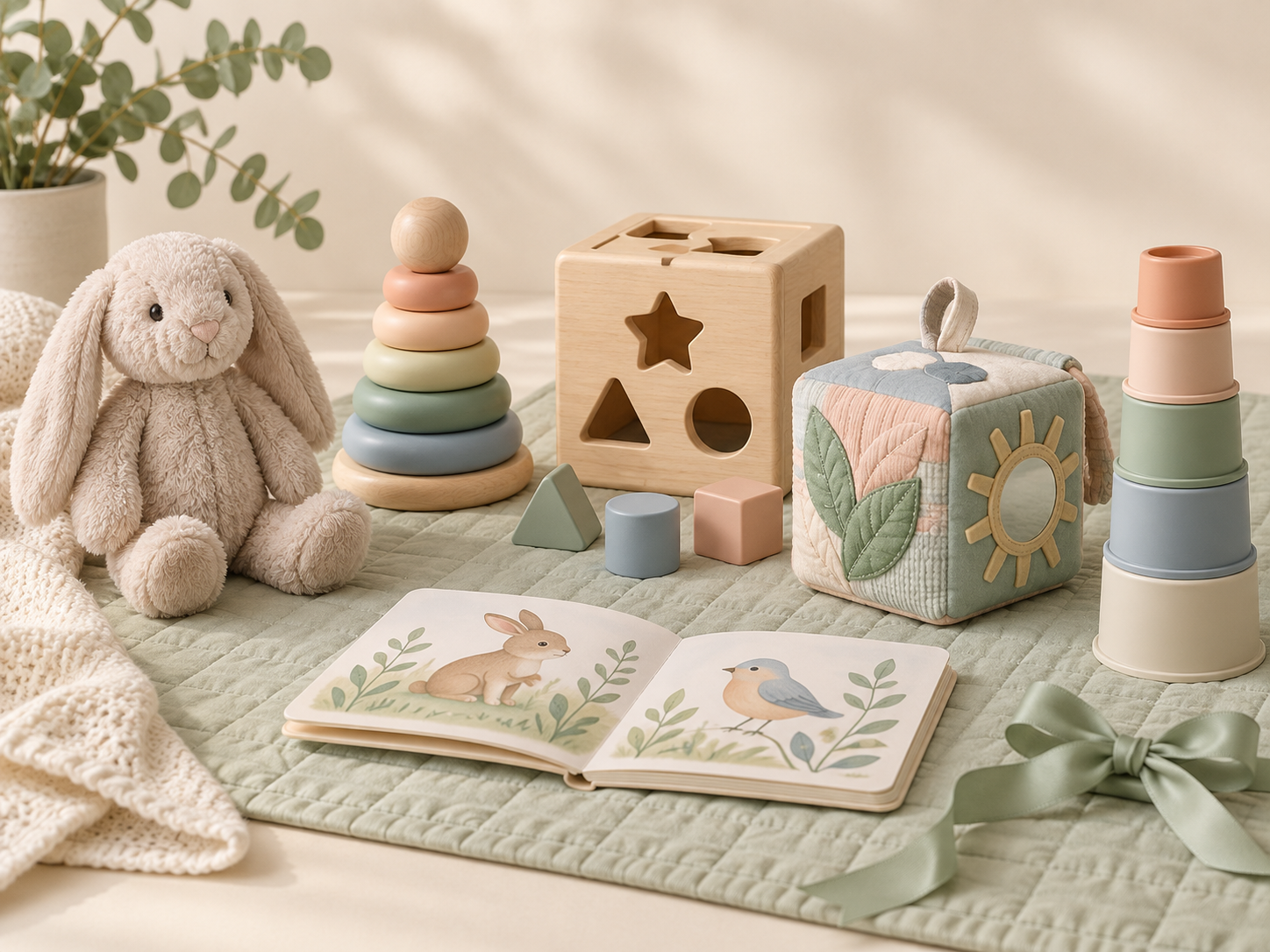 A carefully arranged collection of wooden and soft baby toys in gentle pastel colours