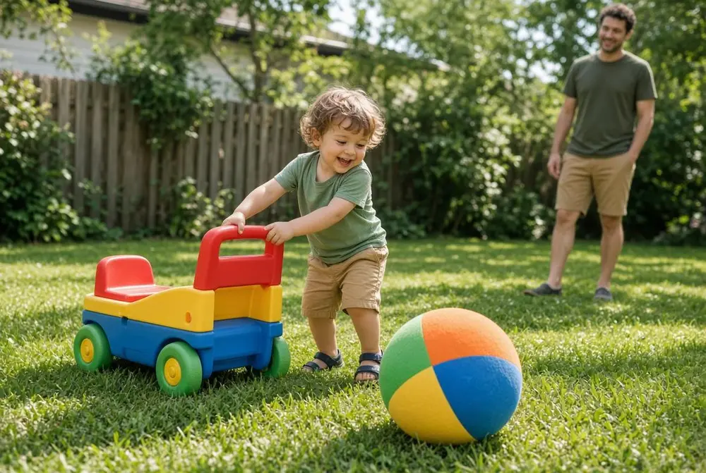 Toddler playing with stacking rings, blocks and a shape sorter