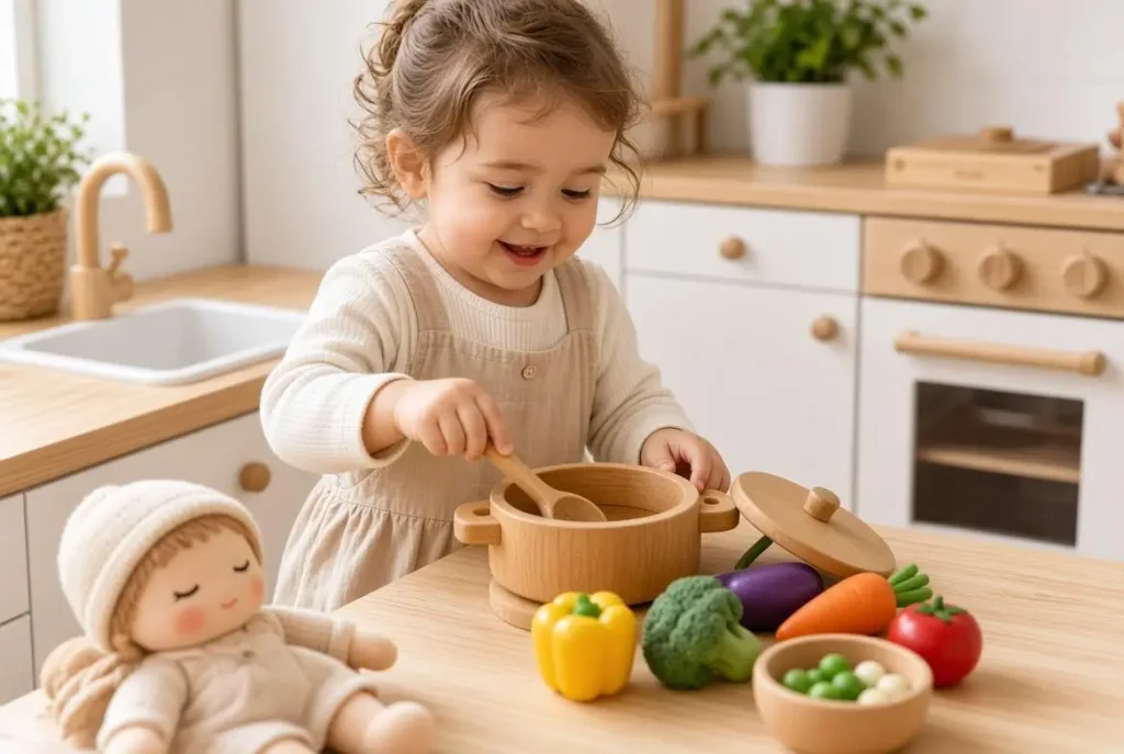 Toddler using a wooden play kitchen with toy vegetables and a doll