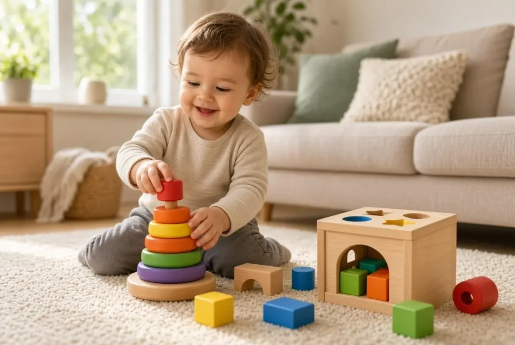 Toddler riding an outdoor toy beside a soft ball with a parent nearby